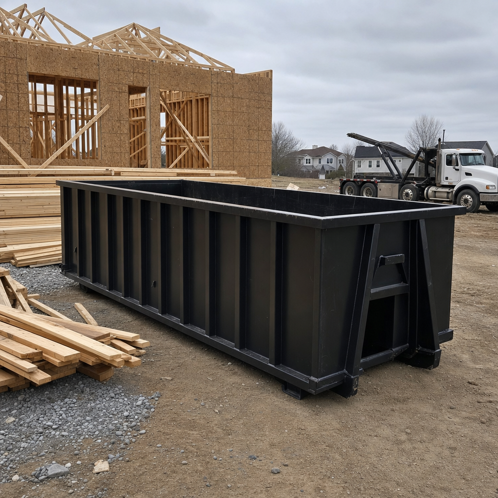 Matte-black 40-yard roll-off dumpster staged on a framed-out residential construction site in Gardena, framing lumber stacked nearby, hooklift delivery truck visible in the background under bright Colorado daylight