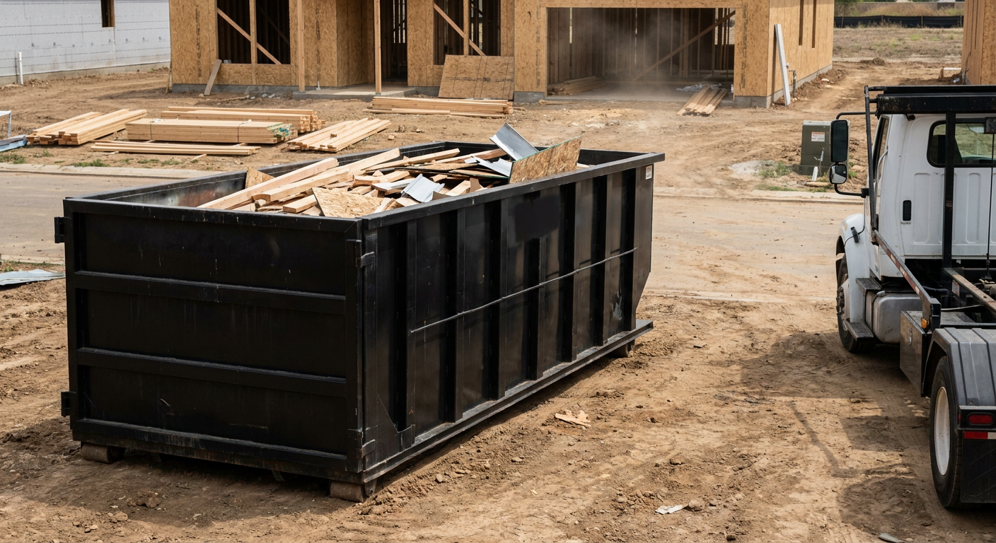 Matte-black 20-yard roll-off construction dumpster with heavy ribbed steel sidewalls and swing rear doors at a working jobsite in Gardena, sitting directly on compacted dirt with an unmarked white hauler partially visible at the far edge of the frame.