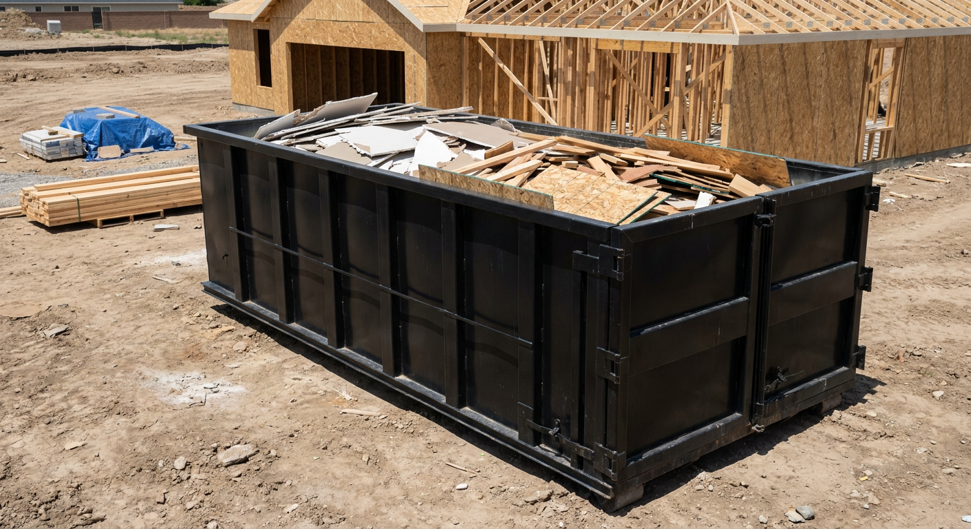 Matte-black 30-yard roll-off construction dumpster sitting directly on the compacted-dirt site of a framed single-family home build in Gardena, drywall and lumber scrap loaded inside.