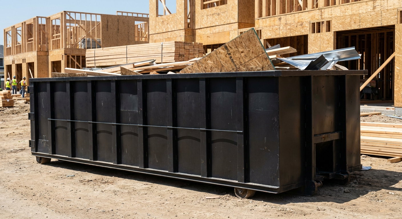 Matte-black 40-yard roll-off construction dumpster being lowered from a white-cab hooklift delivery truck onto the compacted-dirt jobsite at a commercial build site in Gardena