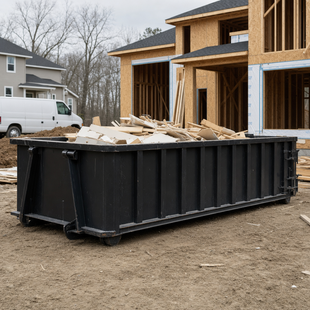 Worker in a yellow high-visibility vest tossing framing lumber and broken drywall into a matte-black 30-yard construction roll-off dumpster on an active build site in Gardena, bright daylight