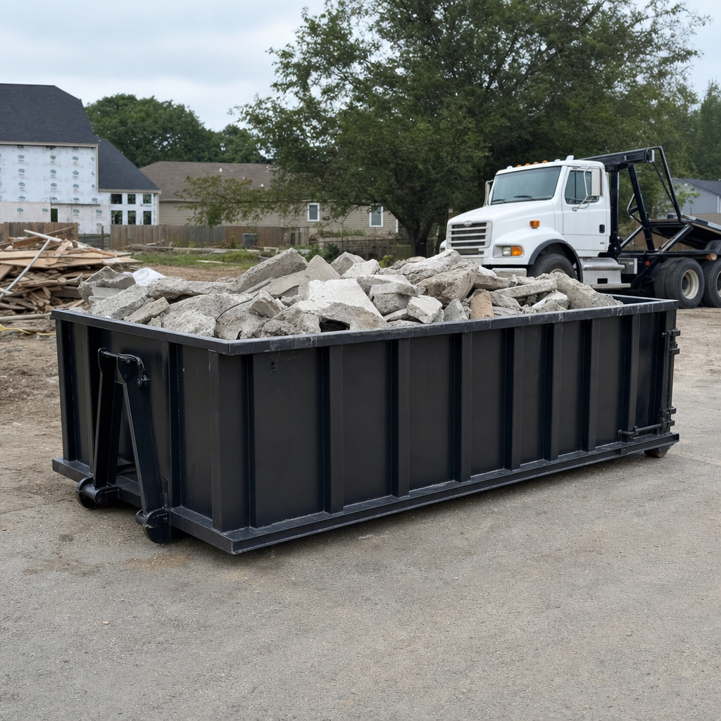 Low-profile matte-black lowboy roll-off dumpster loaded with broken concrete slab and rebar at a foundation tear-out in Gardena, skid steer parked beside it, sunny Colorado morning