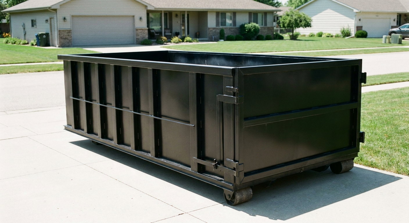 Matte-black 10-yard roll-off dumpster on a residential concrete driveway in Gardena, uniformly painted matte black across every panel and rail, ribbed steel sidewalls and rear swing door visible, mid-day daylight.