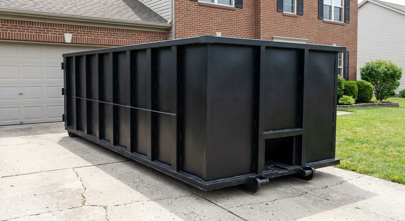 Matte-black 20-yard roll-off container on a Gardena residential concrete driveway with reinforced ribbed steel sidewalls and a hinged rear walk-in door, clean bright daylight.