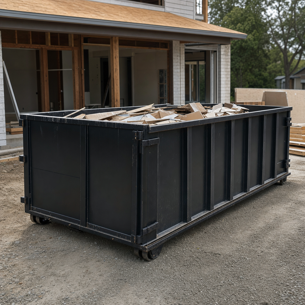 Large matte-black 30-yard construction roll-off dumpster at an active Gardena jobsite, steel-gray top rails and bottom rollers visible, loaded with construction debris.