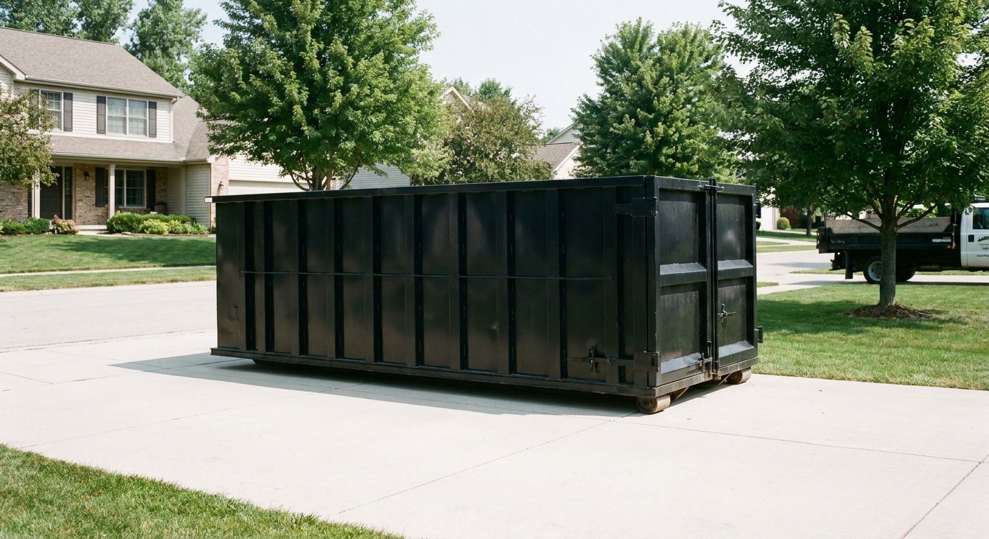 Matte-black 20-yard roll-off dumpster sitting level on a clean Gardena residential concrete driveway under bright daylight, demonstrating clean placement directly on the concrete.