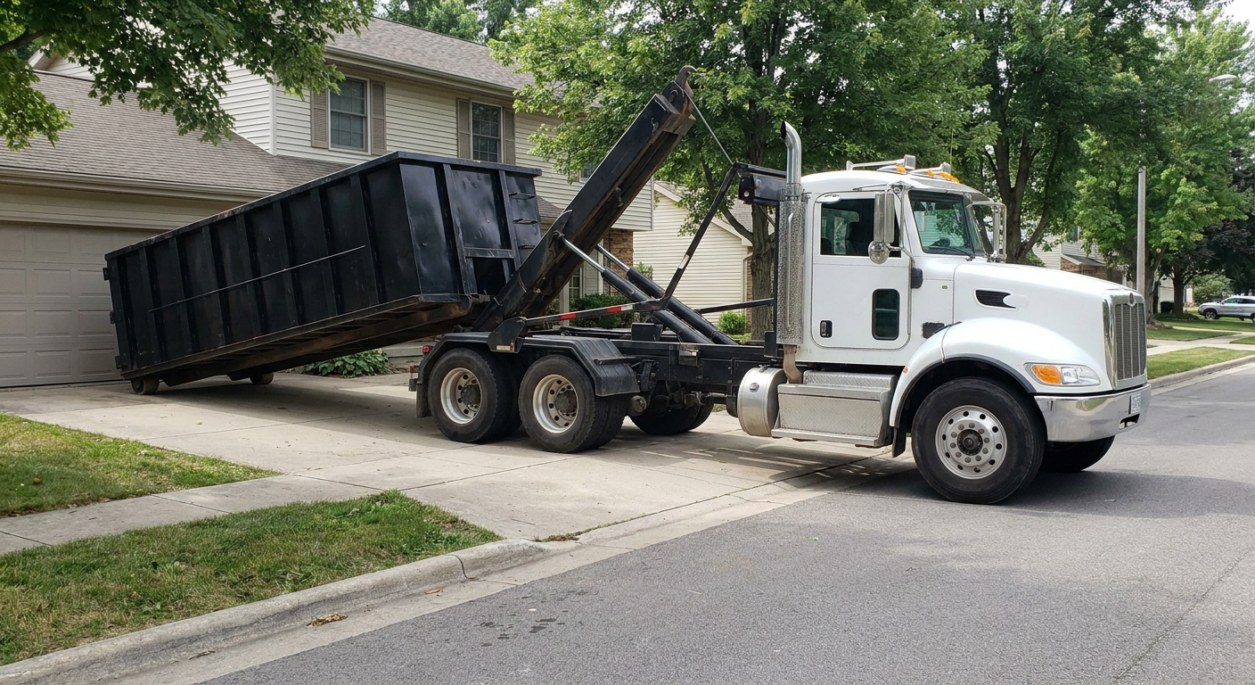 White-cab hooklift roll-off truck actively lowering a matte-black dumpster onto a Gardena residential concrete driveway, the dumpster's rear wheels touching the driveway as the hoist arm tilts the bed forward, mid-morning daylight.