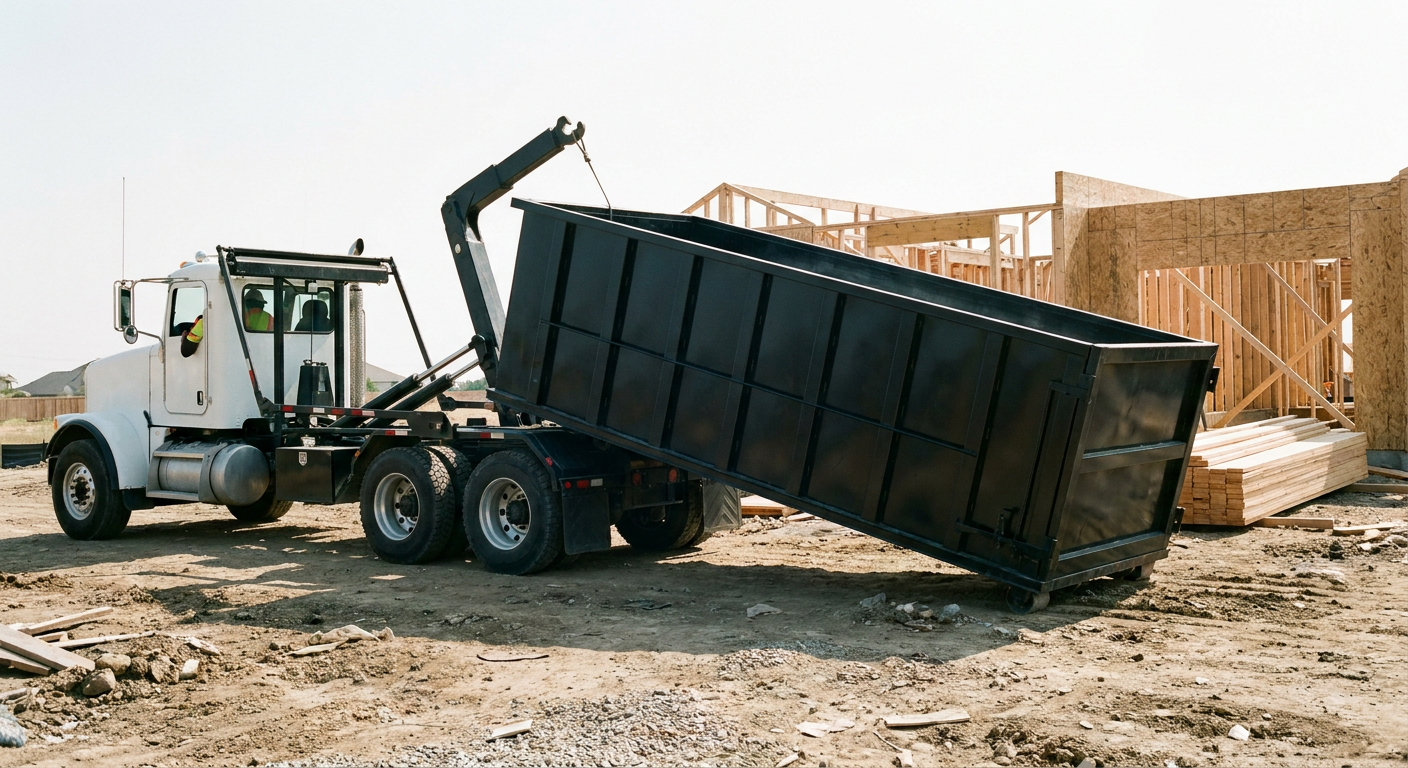 Matte-black roll-off dumpster being delivered onto a clean residential concrete driveway in Gardena by an unmarked white hooklift hauler truck, bright morning daylight, documentary 35mm perspective.