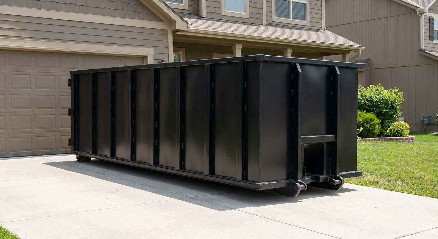 Matte-black residential roll-off dumpster sitting directly on a suburban Gardena concrete driveway, garage door closed, single-family home in background, bright morning daylight.