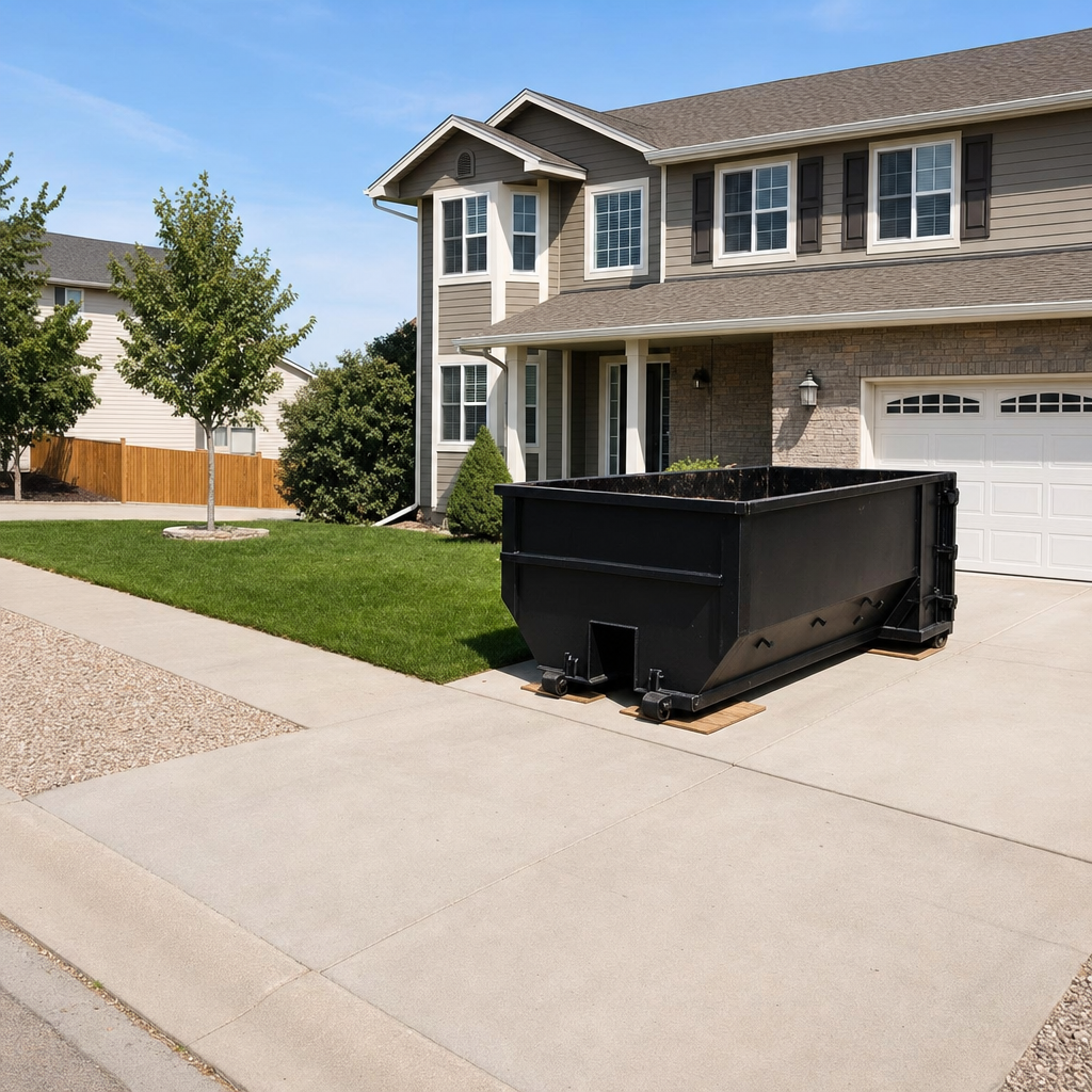 10-yard matte-black residential dumpster placed directly on a narrow Gardena concrete driveway, room remains for a parked sedan beside it, mid-morning natural light