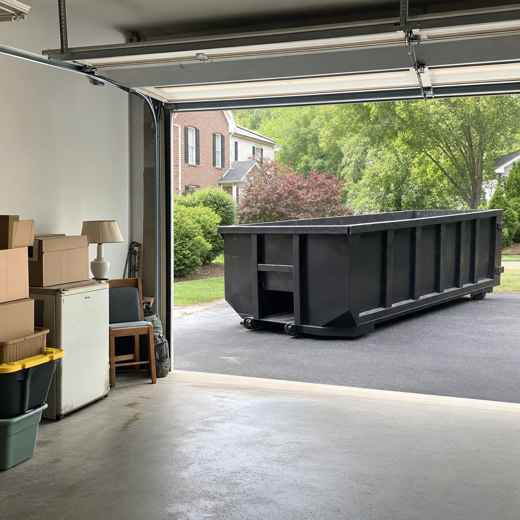Open garage interior in a Gardena home mid-cleanout — boxed items, an old appliance, and stacked yard tools queued near the driveway for a matte-black roll-off dumpster, organized and calm