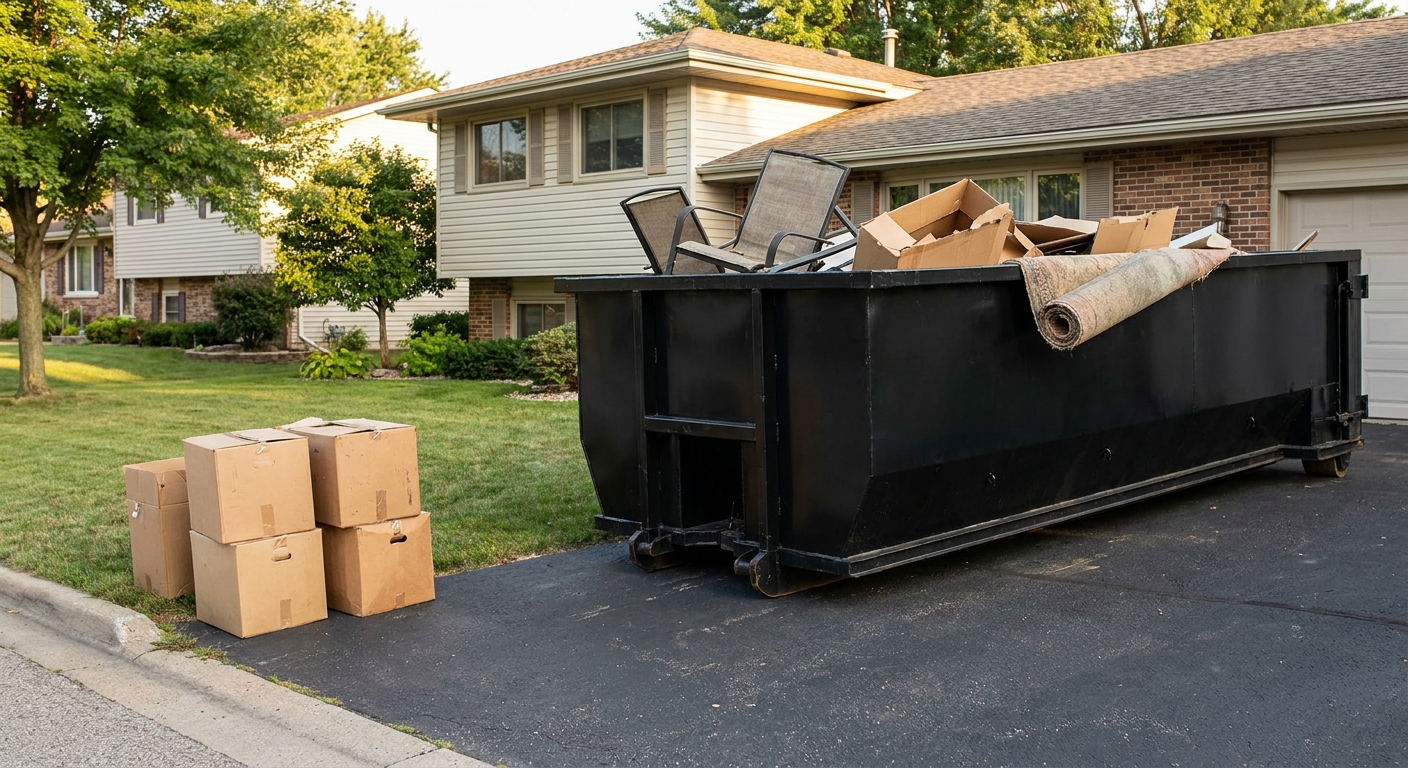 Front-yard view of a Gardena split-level home with a 20-yard matte-black roll-off dumpster sitting directly on the asphalt driveway, a few clearly labeled donation boxes staged at the curb, calm sunny afternoon.