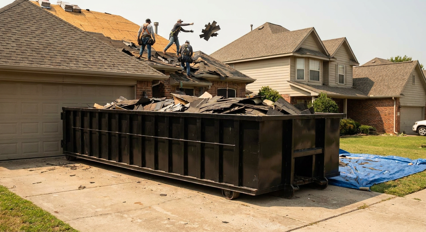 Matte-black roofing roll-off dumpster placed directly on a Gardena residential concrete driveway, a tear-off crew on a two-story asphalt-shingle roof tossing shingle bundles into the low-walled container, bright daylight, documentary 35mm perspective.