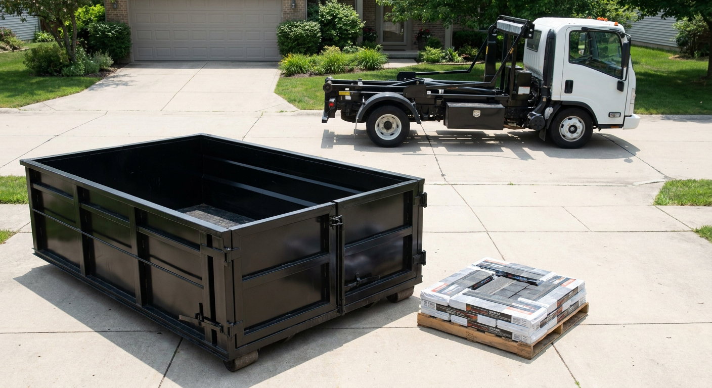Matte-black 15-yard roofing roll-off dumpster with reinforced low side walls sitting directly on a Gardena residential concrete driveway, three-tab asphalt shingle bundles stacked nearby, an unmarked white hauler truck partially visible at the edge of the frame.