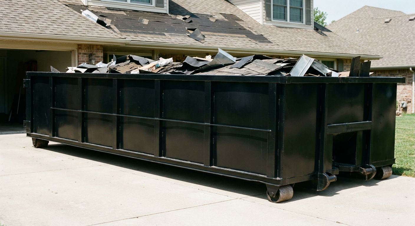 Matte-black 20-yard roofing roll-off dumpster with steel ribbed sides and swinging rear door, sitting directly on the concrete driveway of a two-story Gardena home, asphalt shingle debris being loaded over the low wall, clean documentary lighting.