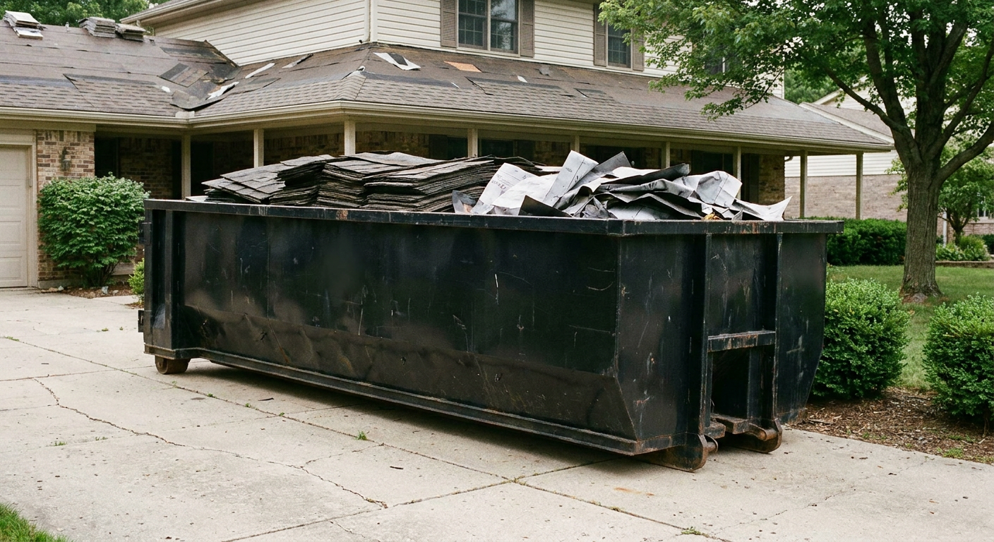 Matte-black 30-yard roofing roll-off dumpster sitting directly on a Gardena concrete driveway, taller ribbed steel side panels, mixed tear-off debris of asphalt shingles and underlayment inside, professional documentary daylight.
