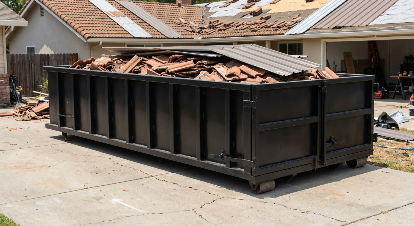 Matte-black low-wall heavy-debris roofing roll-off dumpster sitting directly on a Gardena concrete driveway, broken concrete clay roof tiles and metal panel sections loaded inside, reinforced ribbed steel side walls visible, bright outdoor daylight.