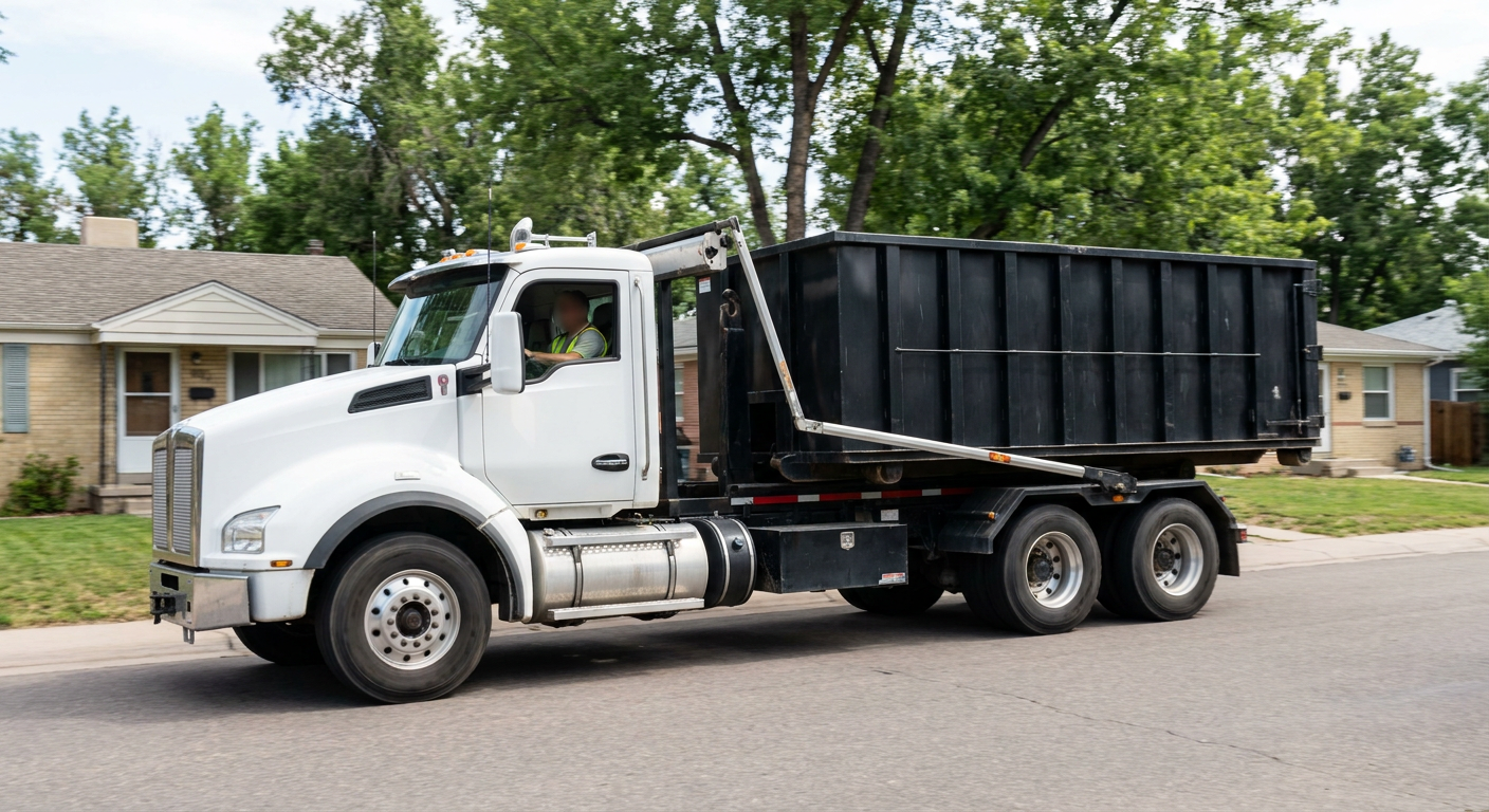 A wide documentary shot of a matte-black roll-off delivery truck pulling onto a quiet Gardena residential street at mid-morning, with neighborhood rooftops and tree-lined blocks visible behind, showing the metro coverage footprint.