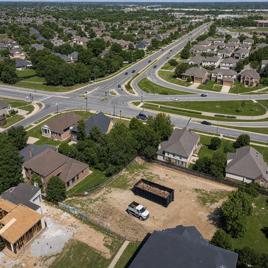 An overhead documentary view of the Gardena metro area at midday, showing the spread of neighborhoods, arterial roads, and the dispatch radius from a central yard — clean daylight, organized geographic layout.
