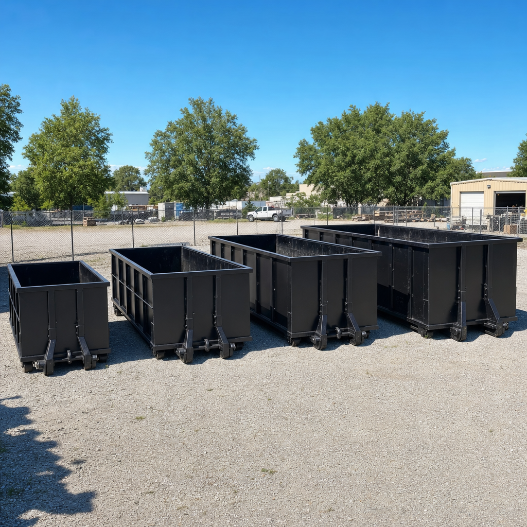 A clean lineup of matte-black roll-off dumpsters in 10, 20, 30, and 40-yard sizes staged on a sunlit gravel yard in Gardena, showing the size progression from compact to commercial-scale containers.