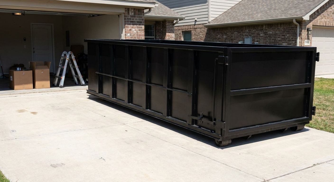 A matte-black 10-yard roll-off dumpster sitting directly on a residential Gardena concrete driveway, mid-day sunlight, clean and ready for a garage cleanout.