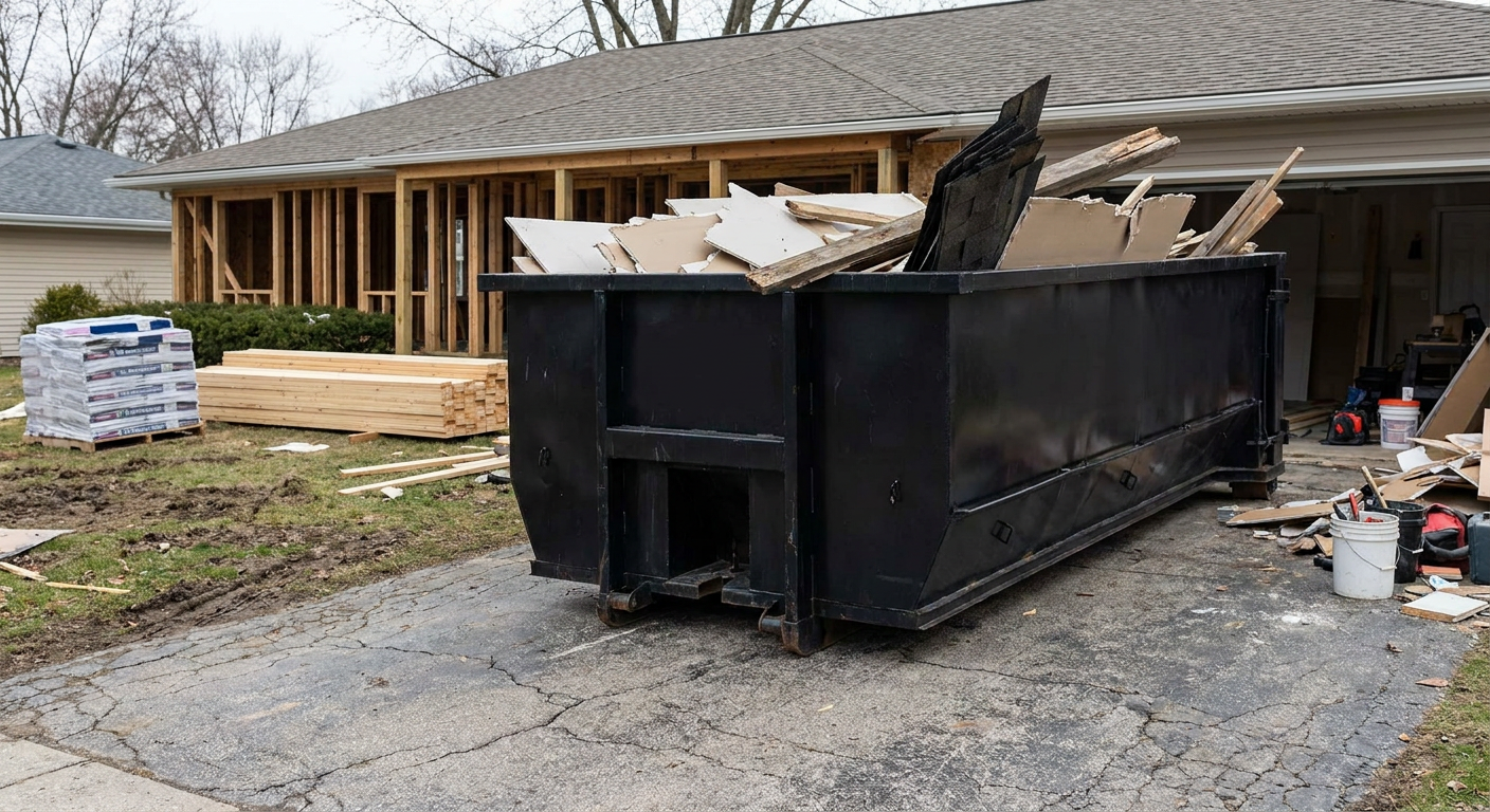 A matte-black 20-yard roll-off dumpster placed alongside a mid-renovation Gardena home directly on the asphalt driveway, with framing materials and torn-off shingles staged neatly nearby.