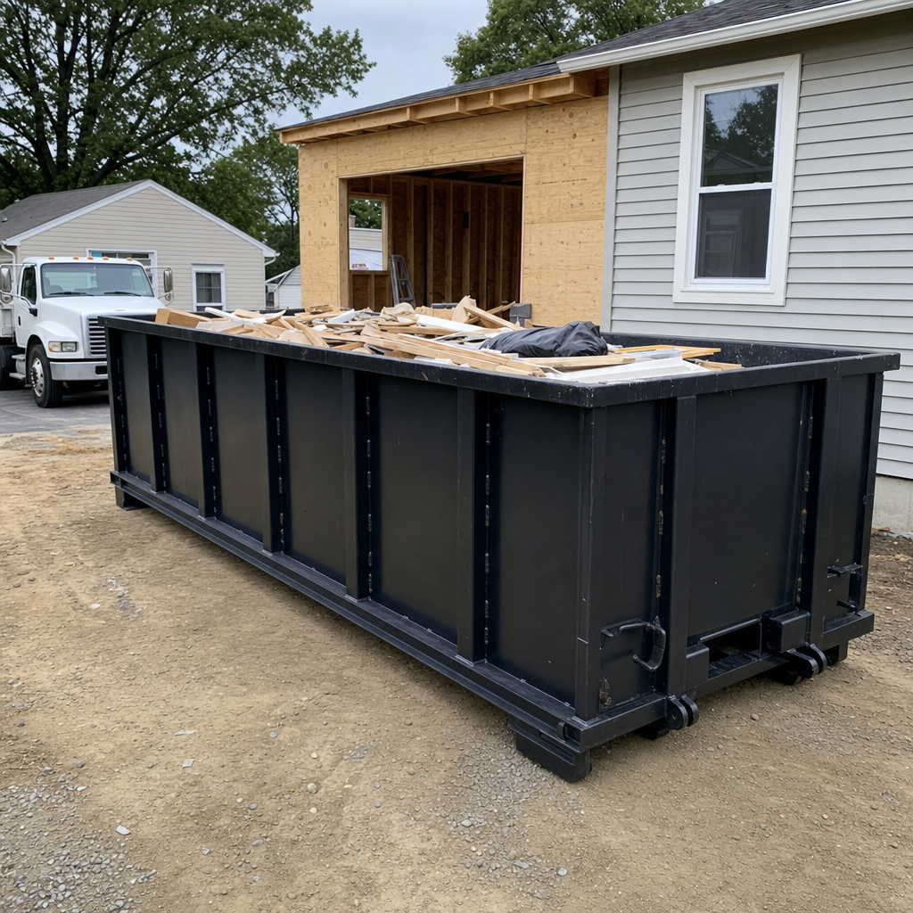 A matte-black 30-yard roll-off dumpster positioned at a Gardena residential addition jobsite, with framing lumber and drywall scraps loaded through the open swinging rear doors.