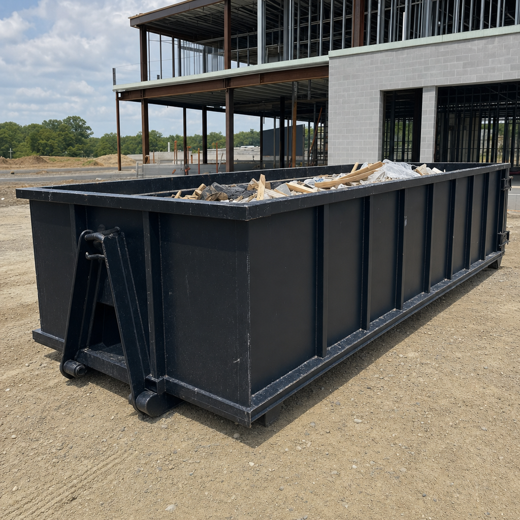 A matte-black 40-yard roll-off dumpster staged on a large Gardena commercial construction lot, with a hooklift delivery truck parked alongside under bright midday sky.