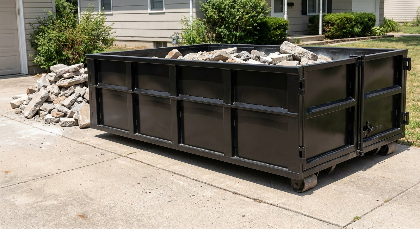 A matte-black low-side heavy-debris roll-off dumpster placed directly on a Gardena concrete driveway, with broken concrete chunks neatly stacked beside it under clean daylight.